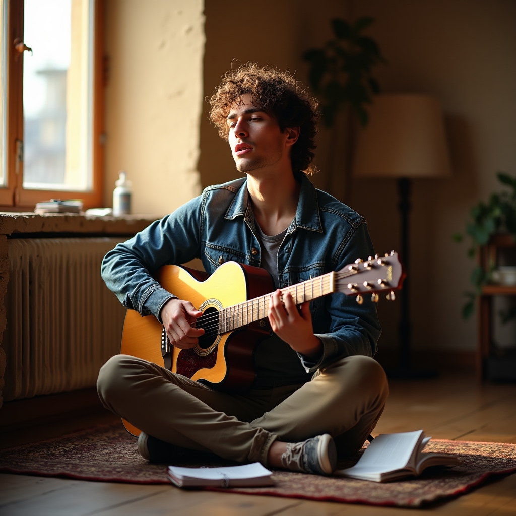 Muzician amator exersând vocal acasă, cu o partitură deschisă