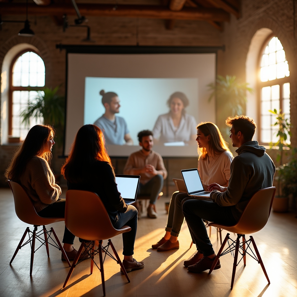 Grup de participanți la un retreat vocal online, cu laptopuri deschise